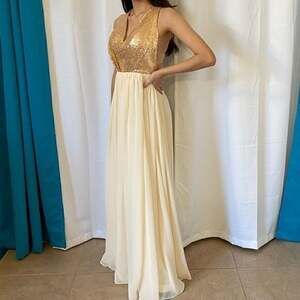 Sarah Bridal Gold Sequin Ivory Chiffon V-Neck Open Back Prom Gown
